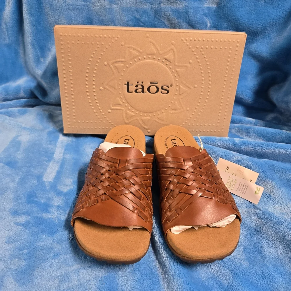 Taos Footwear Cognac Tan Woven Leather Slide Sandal